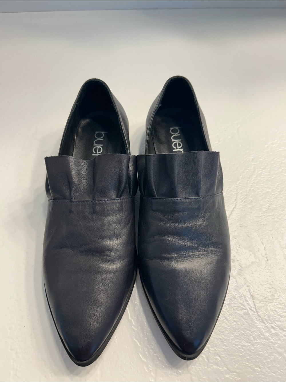 Bueno Navy Pointed Leather Slip-On Ruffle Flats